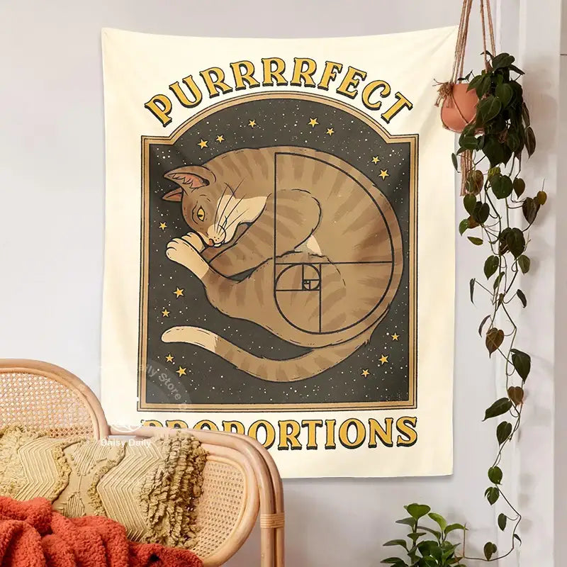 Cream-colored boho beige and gold cute cat tapestry wall hanging with cartoon ginger cat for bedroom decor