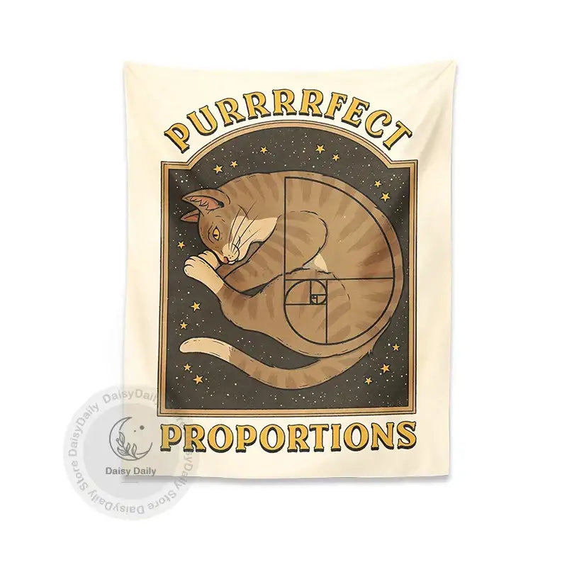 Cream-colored boho beige and gold cute cat tapestry wall hanging featuring a tan tabby cat on starry black background