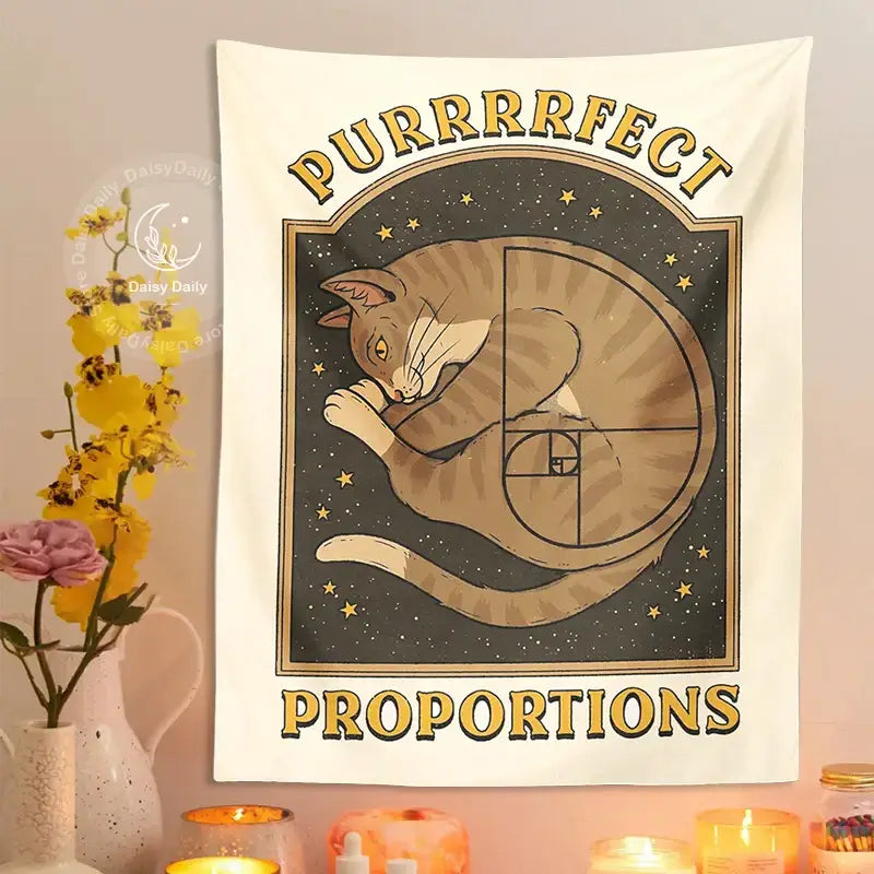 Beige cat tapestry wall hanging with golden border and starry background featuring purrrrrect proportions text