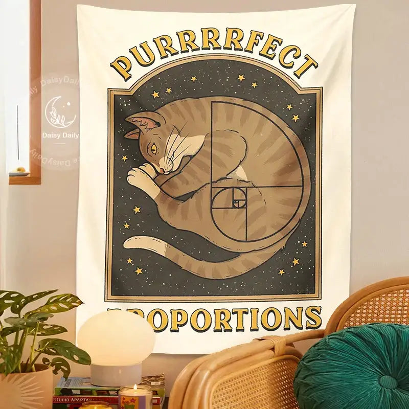 Beige and gold cute cat tapestry wall hanging featuring a sleeping tabby cat in fibonacci spiral for bedroom decor