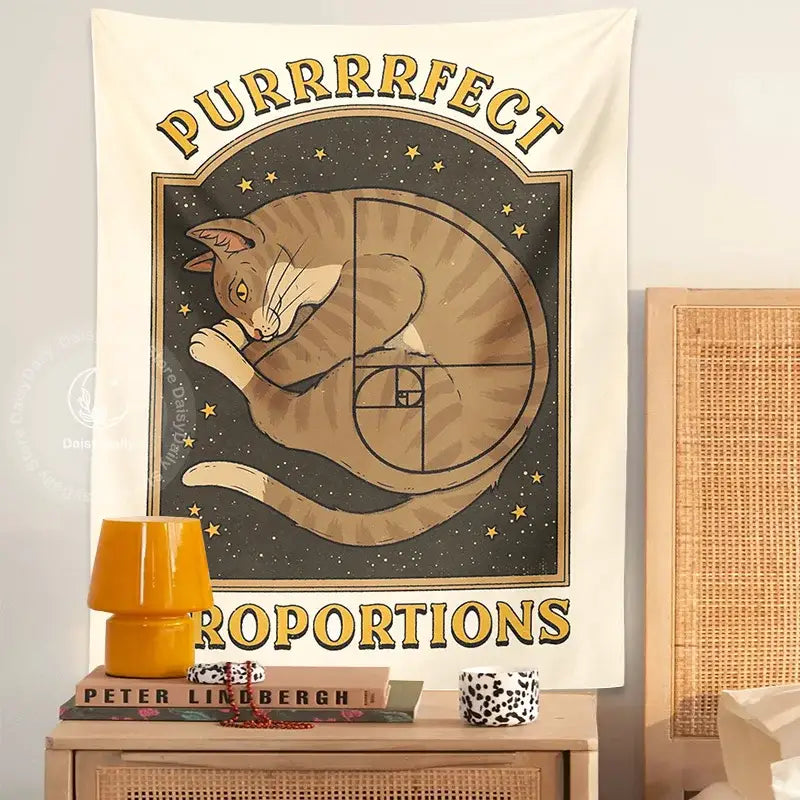 Beige and gold cute cat tapestry wall hanging featuring a tan tabby cat on a dark starry background for bedroom decor