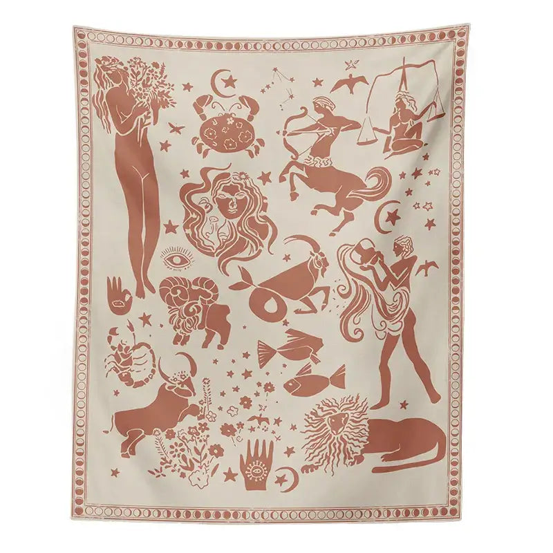 Beige tapestry with intricate reddish-brown zodiac and mythological designs ideal for constellation tarot boho decorbites decor