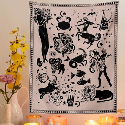 Black-and-white zodiac-themed tarot boho tapestry with intricate astrological silhouettes and dotted border for bedroom decor