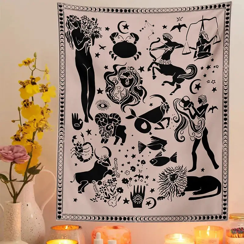 Black-and-white zodiac-themed tarot boho tapestry with intricate astrological silhouettes and dotted border for bedroom decor