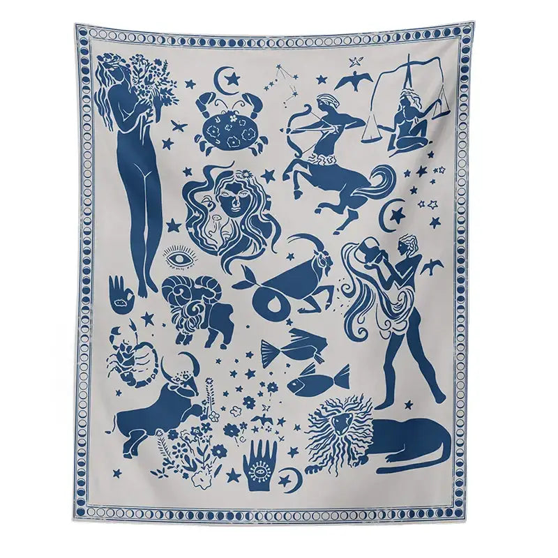 Blue and white zodiac-themed tapestry with stylized astrological symbols for decorbites constellation tarot boho decor