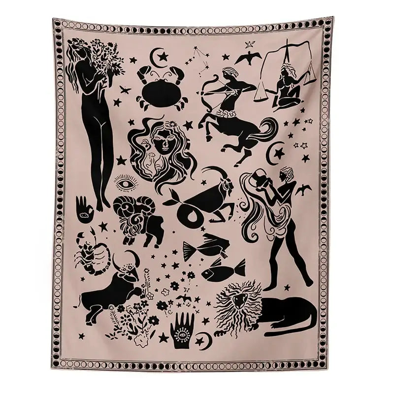 Boho beige and red constellation tarot boho tapestry with black zodiac and celestial designs for bedroom decorbites constellation tarot