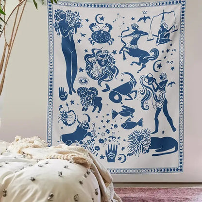 White tapestry featuring intricate blue zodiac and astrological symbols for decorbites constellation tarot boho decor