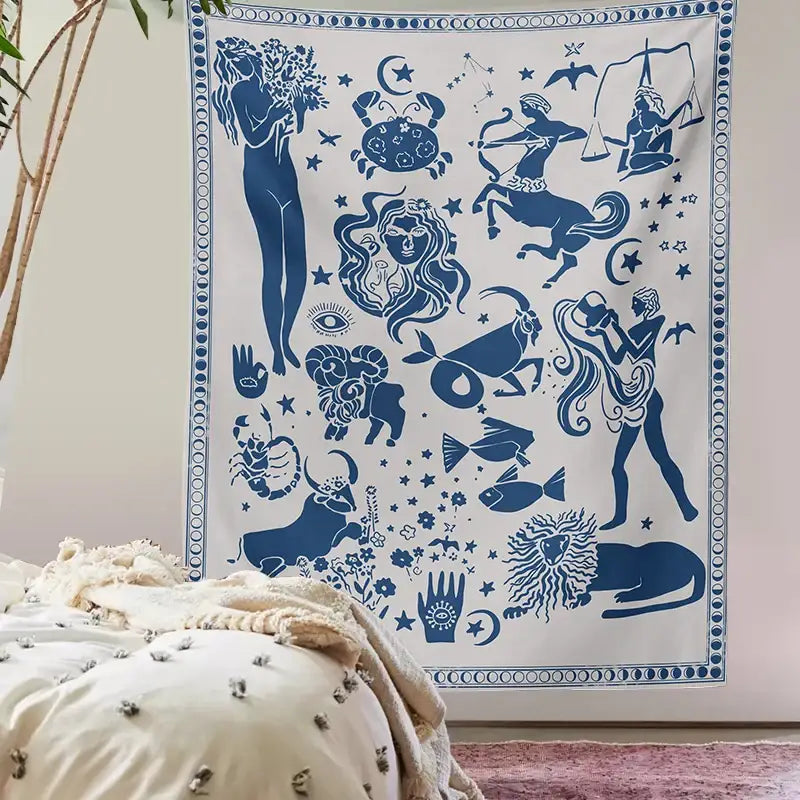White tapestry featuring intricate blue zodiac and astrological symbols for decorbites constellation tarot boho decor