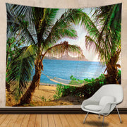 Beige hammock on tropical beach scene in boho beige beach view mandala tapestry bedroom wall hanging