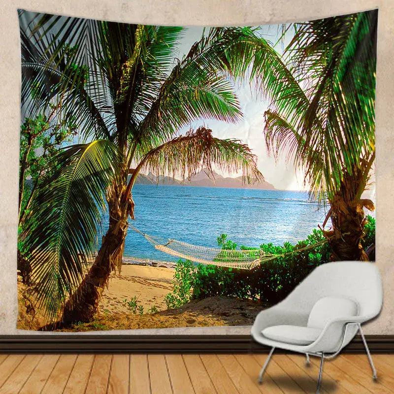Beige hammock on tropical beach scene in boho beige beach view mandala tapestry bedroom wall hanging