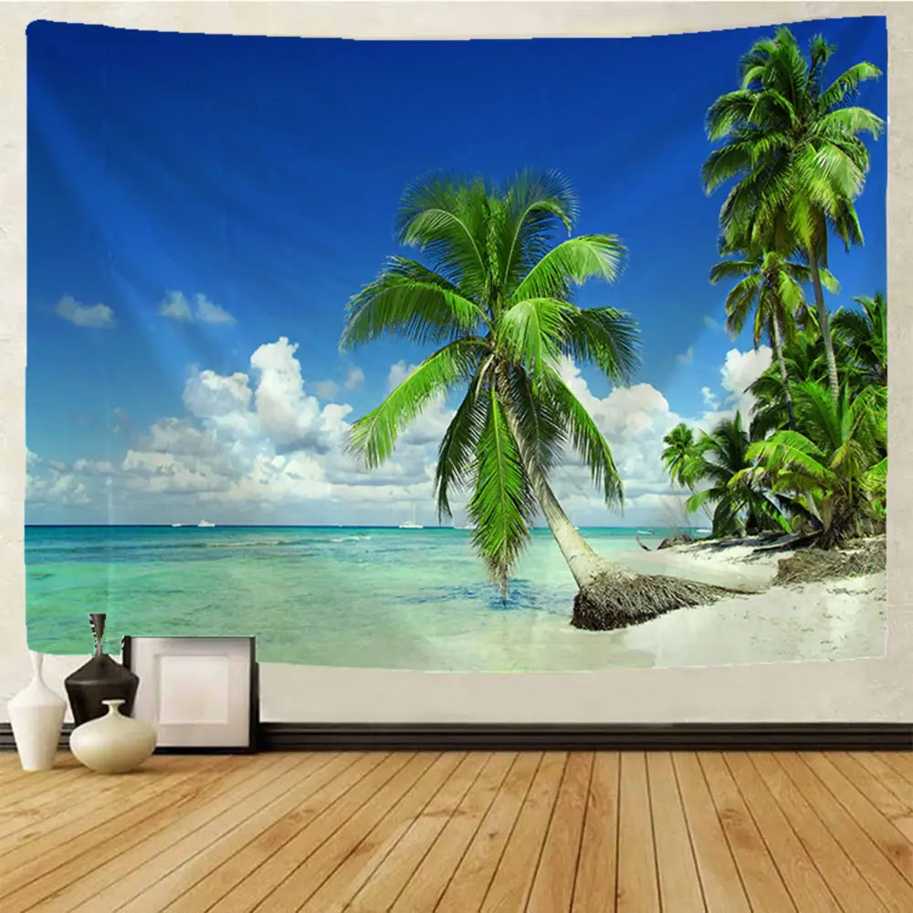 Boho beige beach view mandala tapestry with vibrant blue sky green palm trees and turquoise ocean waters for bedroom wall hanging