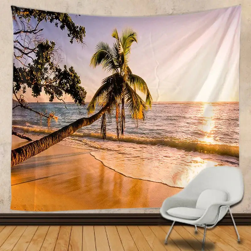 Beige boho beach view mandala tapestry featuring palm tree ocean sunset design for bedroom wall hanging decor