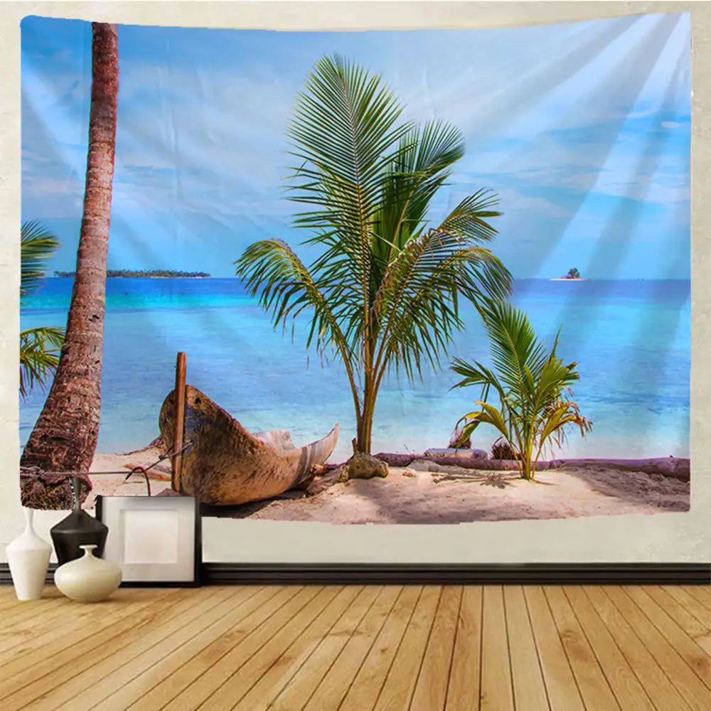 Boho beige beach view mandala tapestry featuring palm trees turquoise water and driftwood canoe for wall hanging