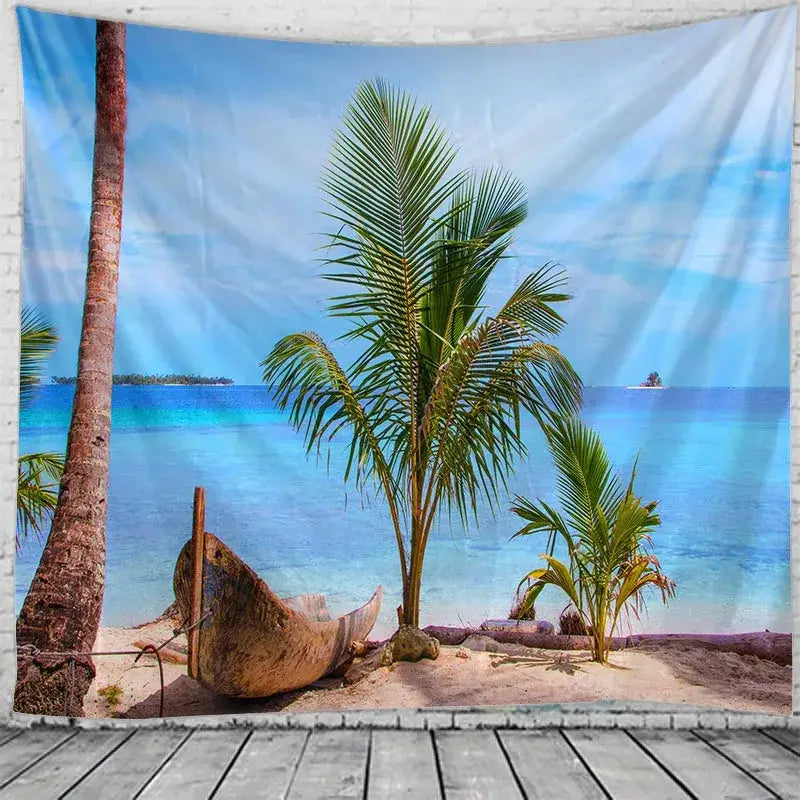 Boho beige beach view mandala tapestry featuring vibrant tropical palm trees turquoise water and wooden canoe wall hanging