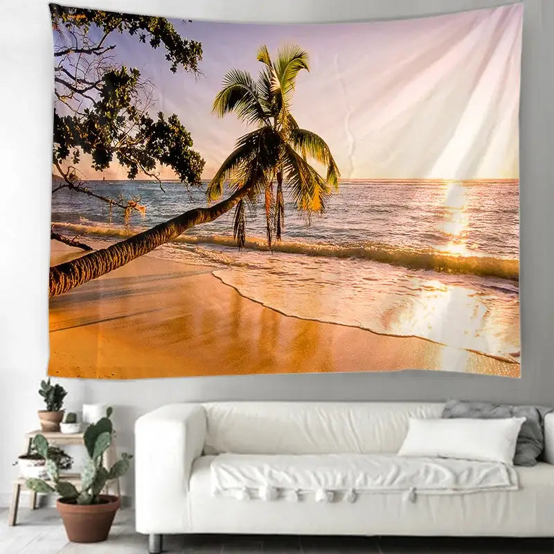 Boho beige beach view mandala tapestry featuring a leaning palm tree, golden sand, and shimmering ocean waves