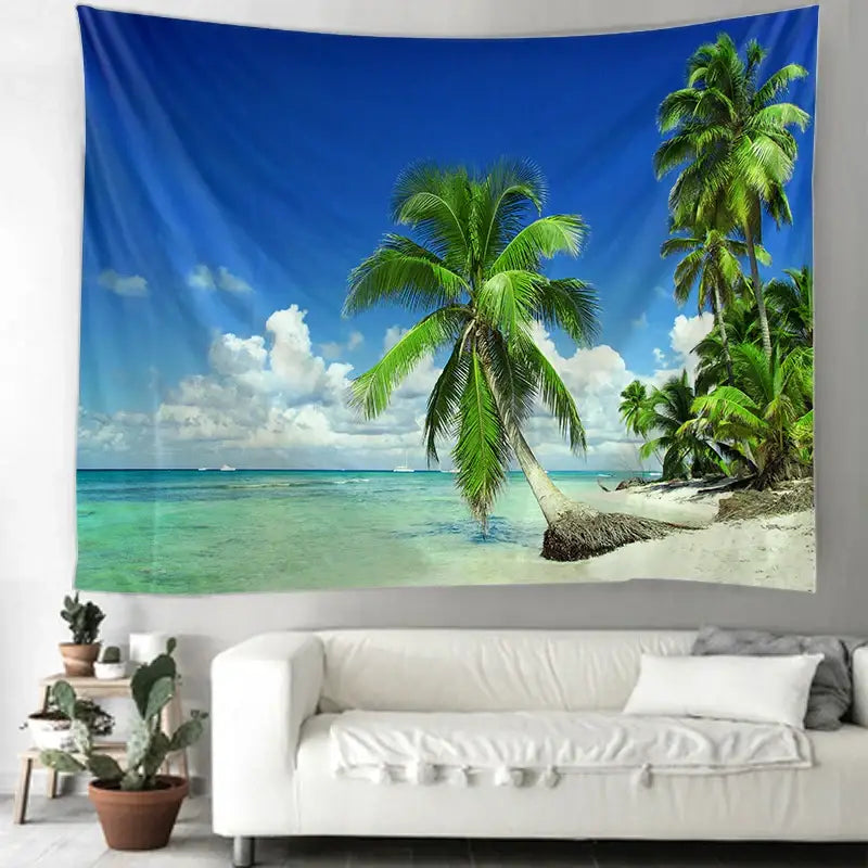 Boho beige beach view mandala tapestry featuring vibrant palm trees and turquoise ocean for bedroom wall decor