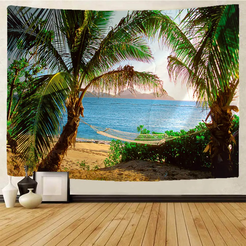 Beige woven hammock suspended between palm trees in a tropical beach view mandala tapestry setting