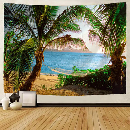 Beige woven hammock suspended between palm trees in a tropical beach view mandala tapestry setting