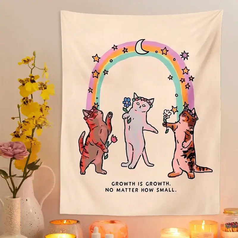 Cream-colored boho beige cat tapestry wall hanging featuring three cats with flowers under a rainbow for bedroom decorbites cat tapestry