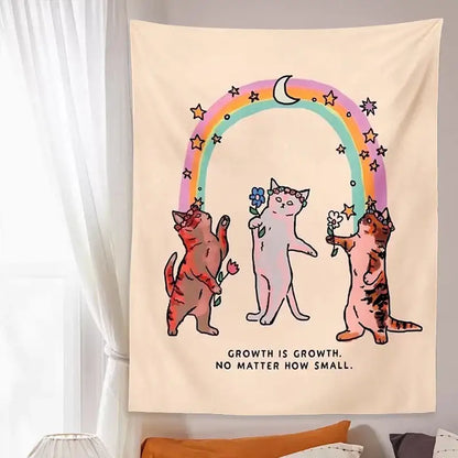 Beige boho cat tapestry wall hanging with three illustrated cats under a rainbow for bedroom decorbites cat tapestry