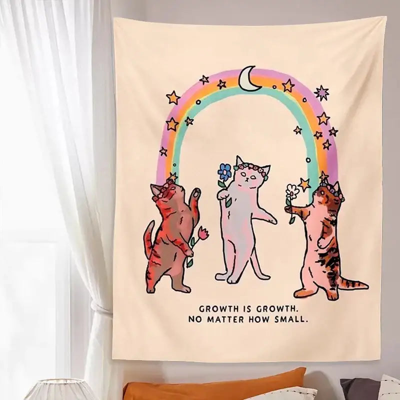 Beige boho cat tapestry wall hanging with three illustrated cats under a rainbow for bedroom decorbites cat tapestry