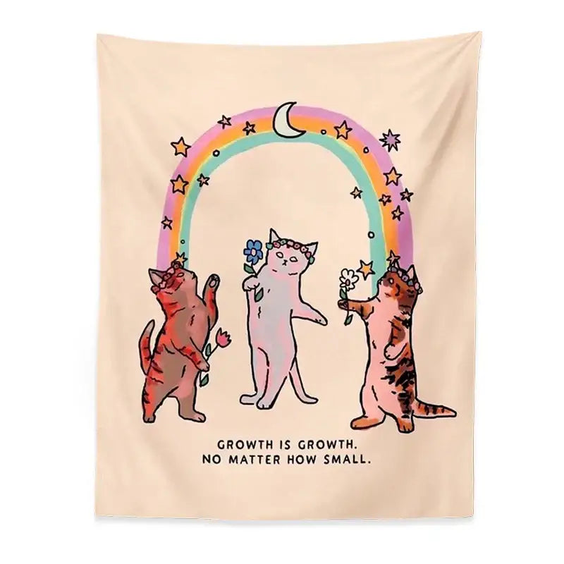 Beige boho cat tapestry wall hanging featuring three whimsical cats under a rainbow with floral crowns decorbites cat tapestry