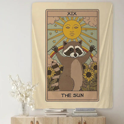 Beige tapestry wall art featuring a cute raccoon tarot card in the style of the sun with sun and rainbow details
