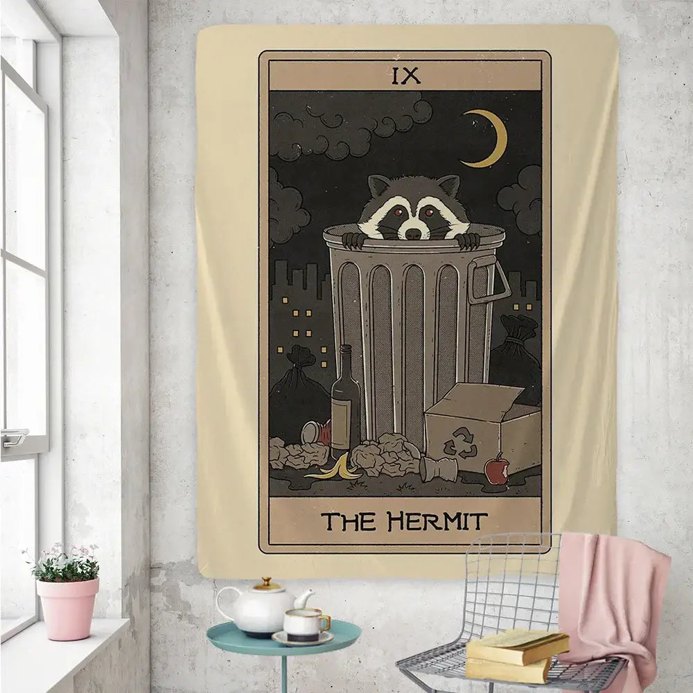 Beige tapestry featuring a cute raccoon tarot card peeking behind a trash can with black sepia illustrations