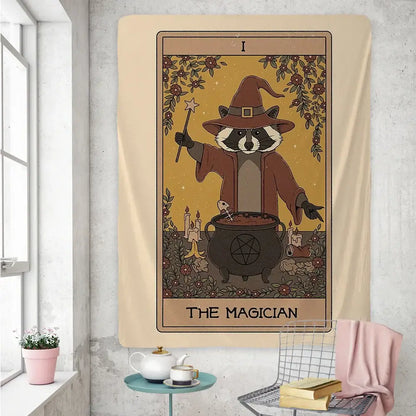 Beige boho tapestry featuring a cute raccoon tarot card design with a raccoon witch holding a wand above a cauldron