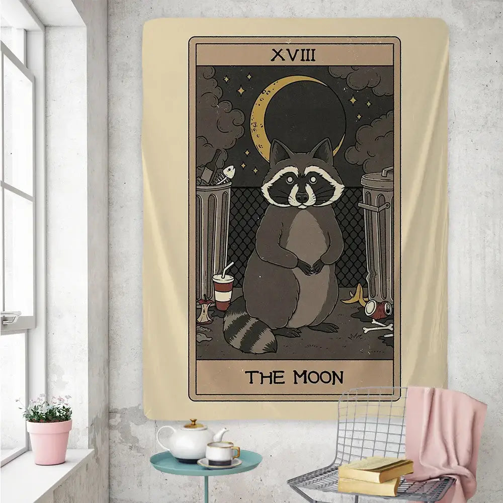 Beige boho tapestry featuring a cute raccoon tarot card in dark muted tones for bedroom wall art