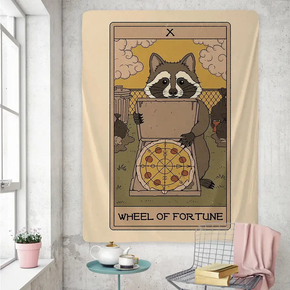 Beige boho tapestry featuring a cute raccoon tarot card design with an open pizza box labeled wheel of fortune wall art
