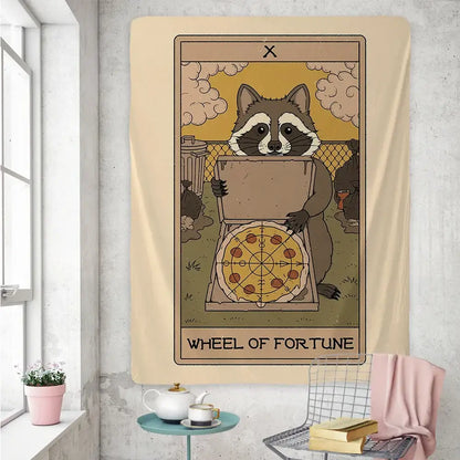 Beige boho tapestry featuring a cute raccoon tarot card design with an open pizza box labeled wheel of fortune wall art