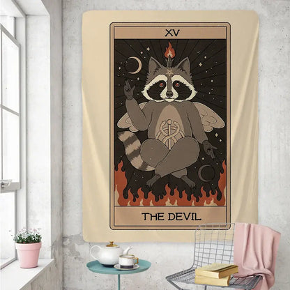 Beige boho tapestry featuring a cute raccoon tarot card design as the devil with wings and flames for bedroom wall art