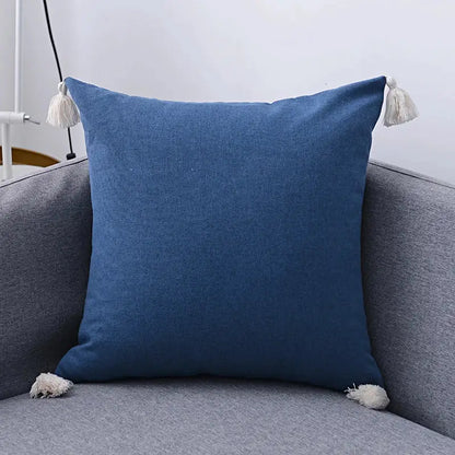 Boho beige blue linen pillow cover set with white tassels for living room sofa throw pillow cover set