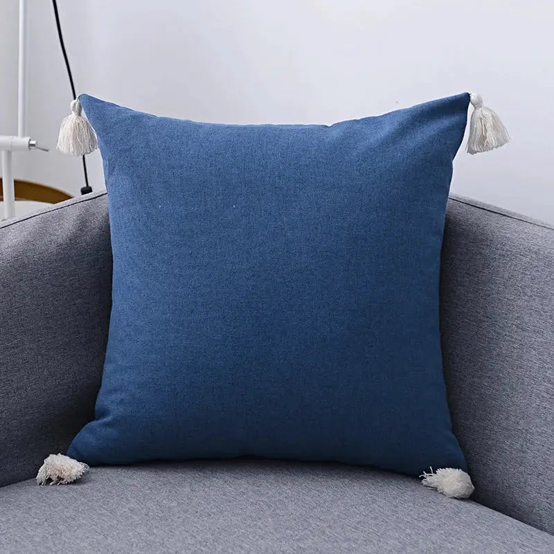 Boho beige blue linen pillow cover set with white tassels for living room sofa throw pillow cover set