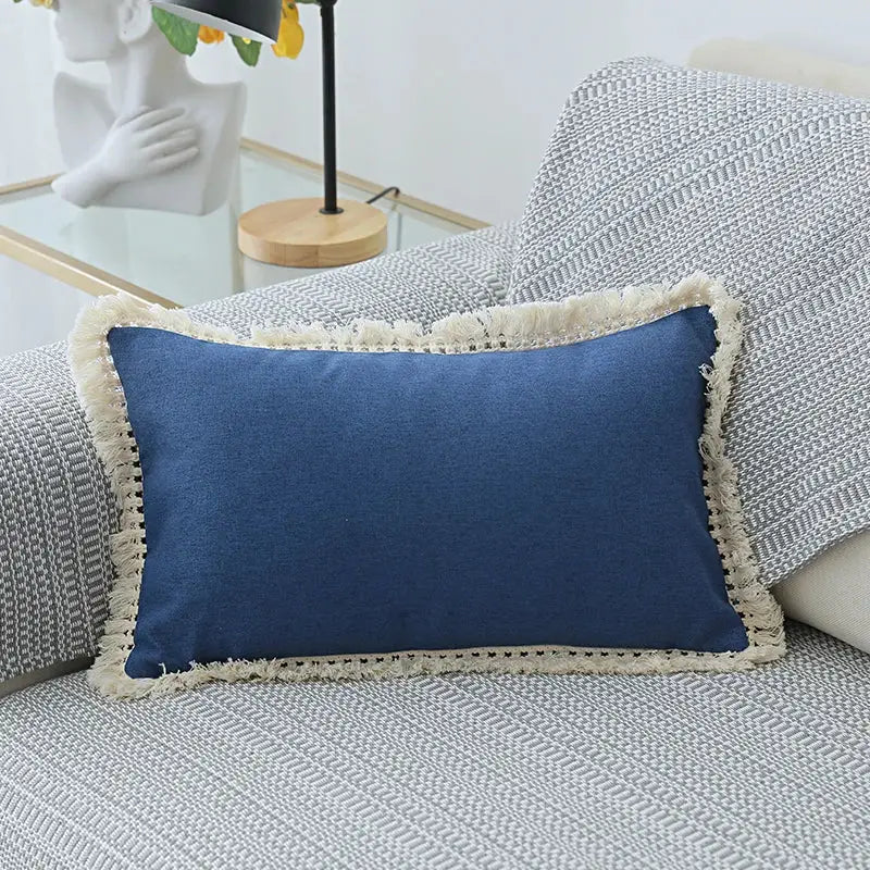 Blue rectangular pillow cover with cream fringe trim part of boho beige linen tassel pillow cover set for living room sofa