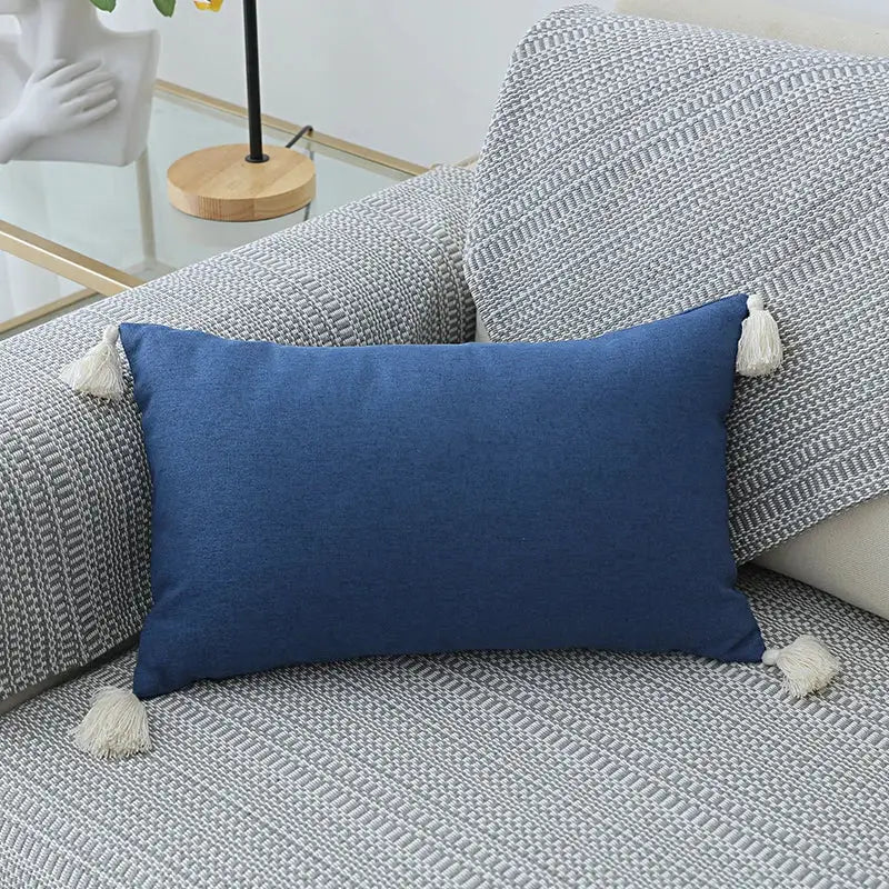 Deep blue rectangular pillow cover with white tassels in boho beige linen tassel pillow cover set for living room sofa