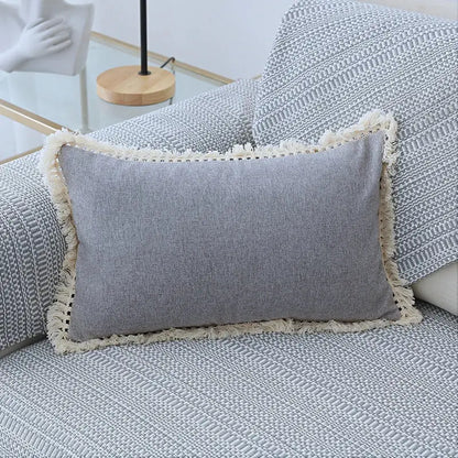Gray rectangular linen pillow cover with cream fringe trim in boho beige tassel pillow cover set for living room sofa