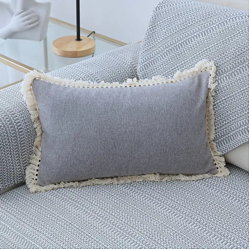 Gray rectangular linen pillow cover with cream fringe trim in boho beige tassel pillow cover set for living room sofa