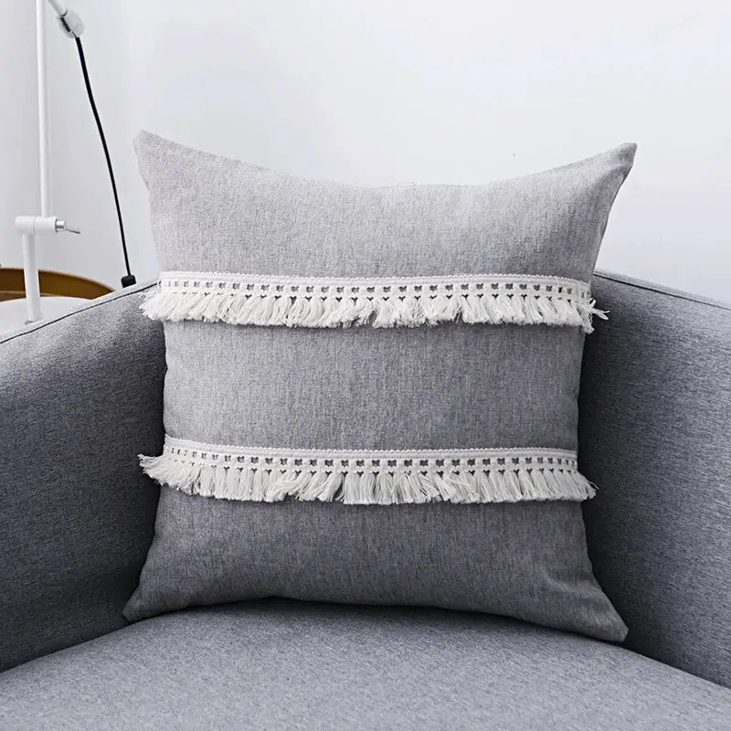 Gray cushion pillow cover set featuring two horizontal white fringe bands in boho beige linen for living room sofa