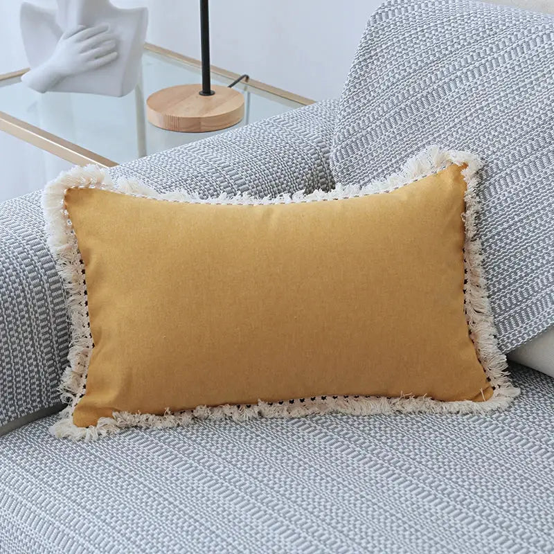 Mustard-yellow linen pillow cover set with cream fringe trim for boho beige living room sofa decor