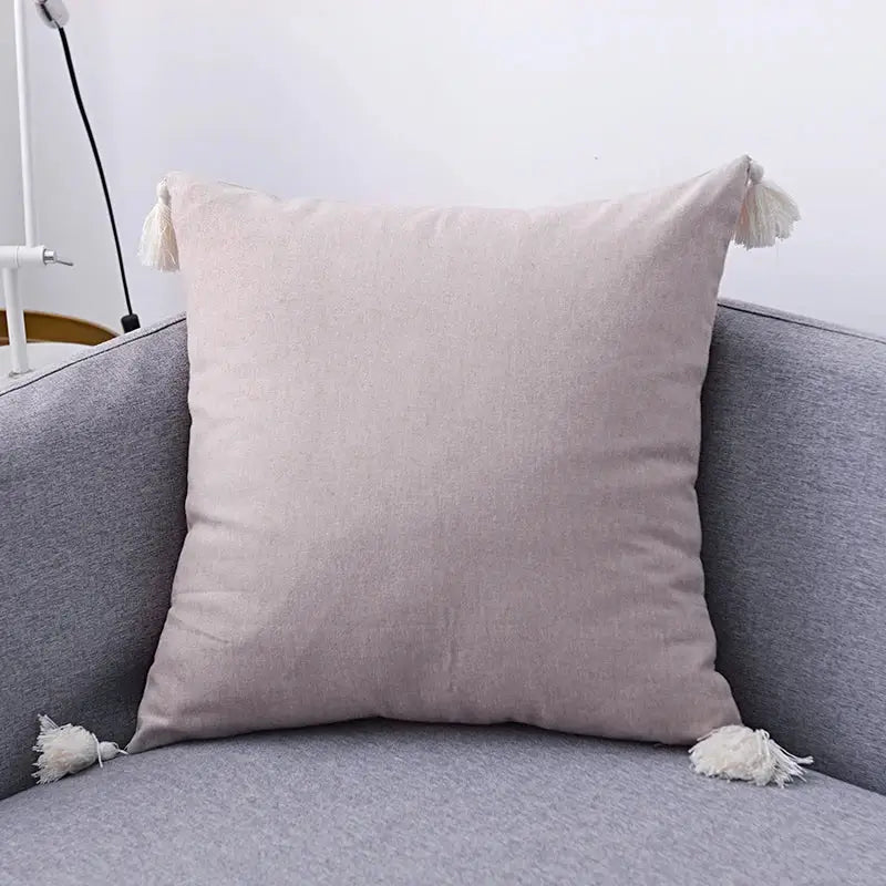 Beige linen tassel pillow cover set with soft fluffy white tassels for living room sofa decor pillow cover