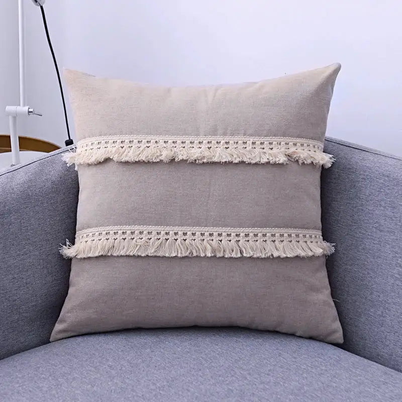 Beige linen throw pillow cover set featuring cream lace trim with frayed edges for living room sofa decor