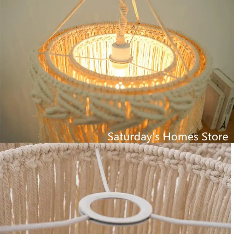 Cream-colored boho macrame pendant light cover with woven rope and fringe draped shade for bedroom chandelier