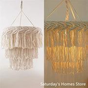 Beige macrame pendant light cover with layered fringe and woven texture for boho bedroom chandelier light cover