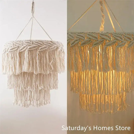 Beige macrame pendant light cover with layered fringe and woven texture for boho bedroom chandelier light cover