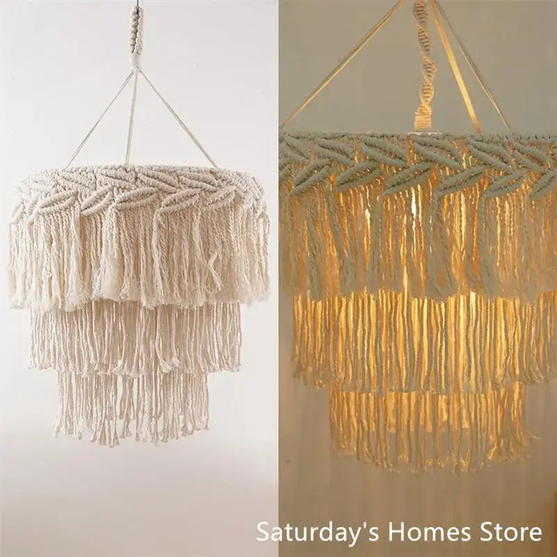 Beige macrame pendant light cover with layered fringe and woven texture for boho bedroom chandelier light cover