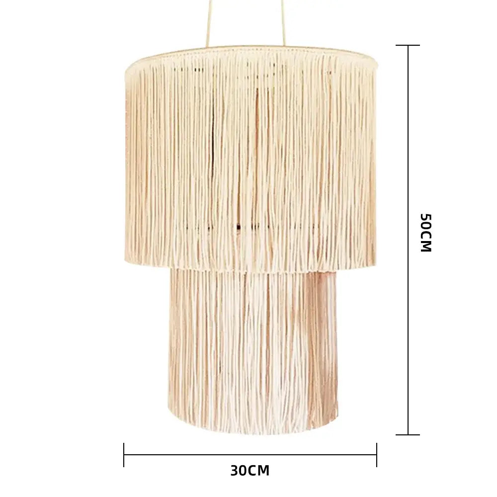 Beige two-tiered boho macrame pendant light cover made of woven natural fibers for bedroom chandelier pendant light