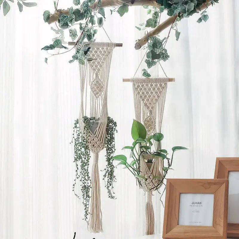 Beige boho macrame plant hanger basket with wooden dowels and tassels holding trailing green plants for living room decor