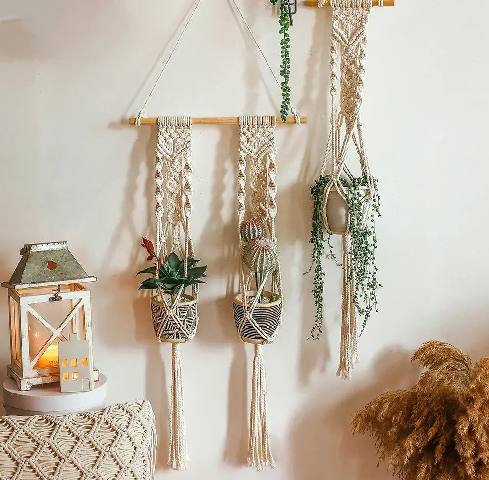 Beige macrame plant hanger basket with wooden dowel holding various potted plants for living room decor